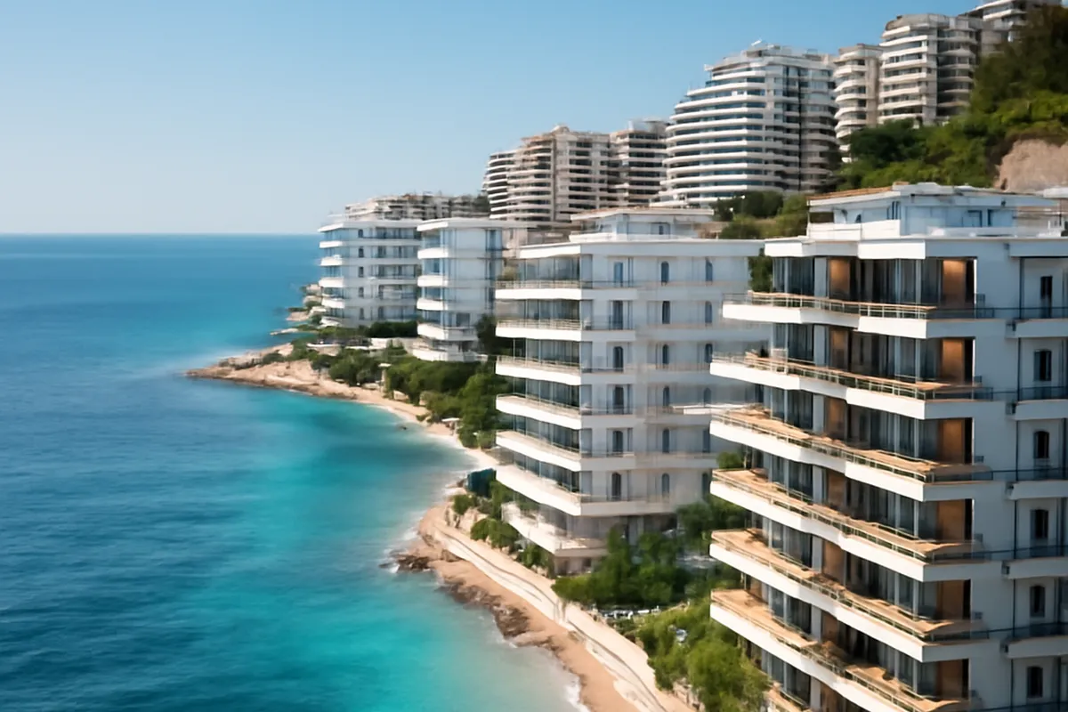 Immeubles résidentiels modernes en construction sur la côte albanaise avec vue sur la mer Ionienne