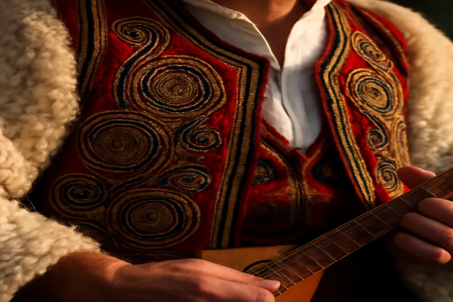Chanteurs traditionnels albanais en costume folklorique lors d'une iso-polyphonie de village