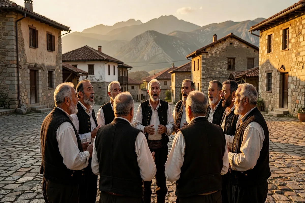 Groupe d’hommes et de femmes chantant l’iso-polyphonie devant les maisons ottomanes de Berat
