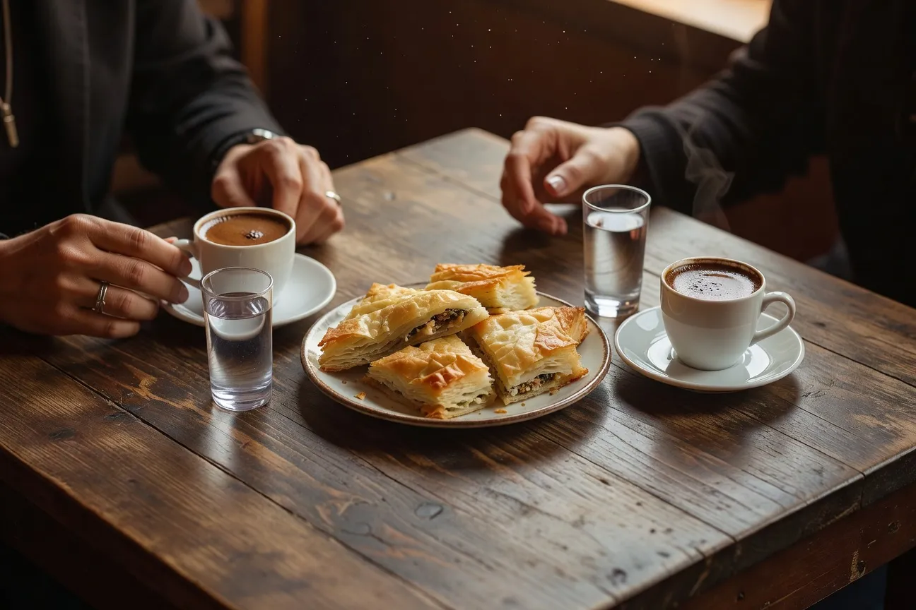 Café traditionnel albanais avec petits verres de raki et tasses de café turc sur table en bois