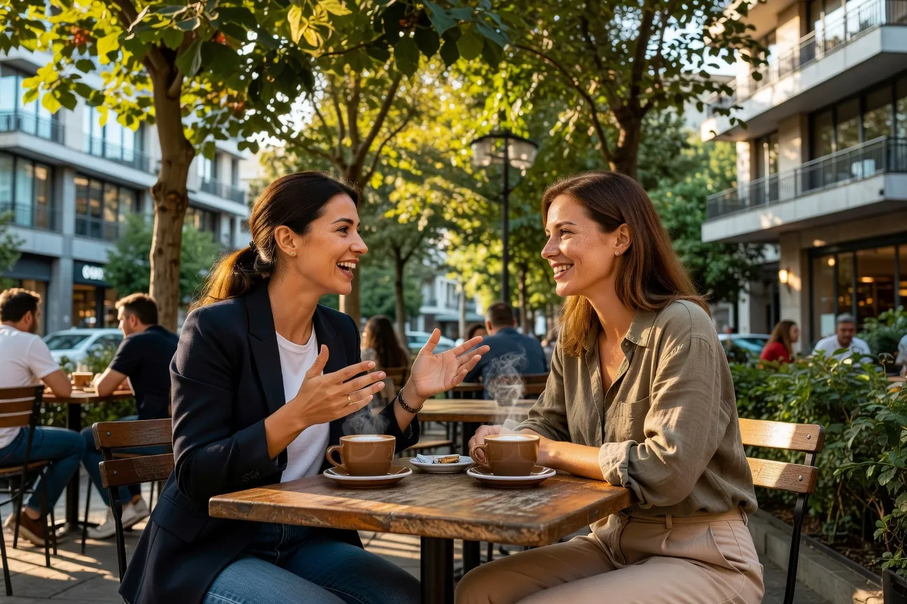 Femmes albanaises discutant longuement en terrasse à Tirana, photo prise au coucher du soleil