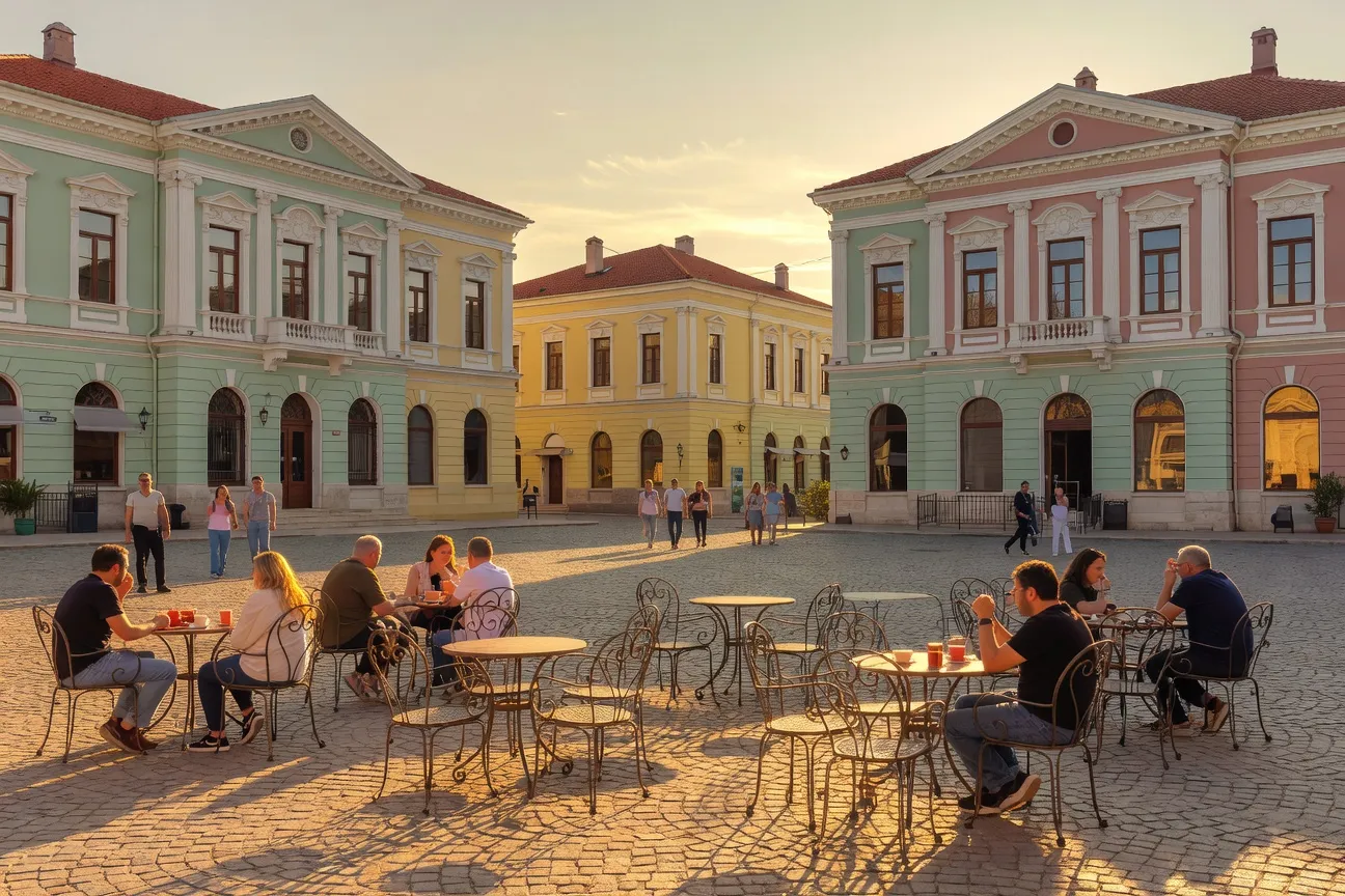 Place centrale de Korça, plusieurs cafés traditionnels et terrasses pleines