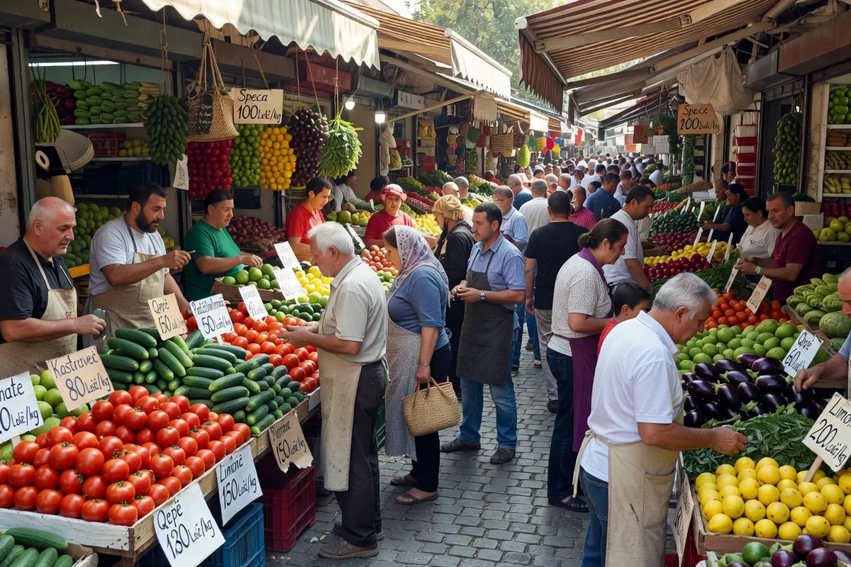 Billets et pièces de lek albanais sur une table en bois, ambiance marché local