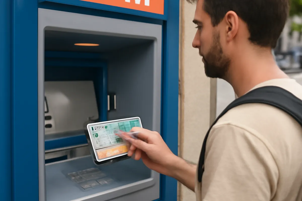 Distributeur automatique de billets dans une rue albanaise, scène de paiement quotidien
