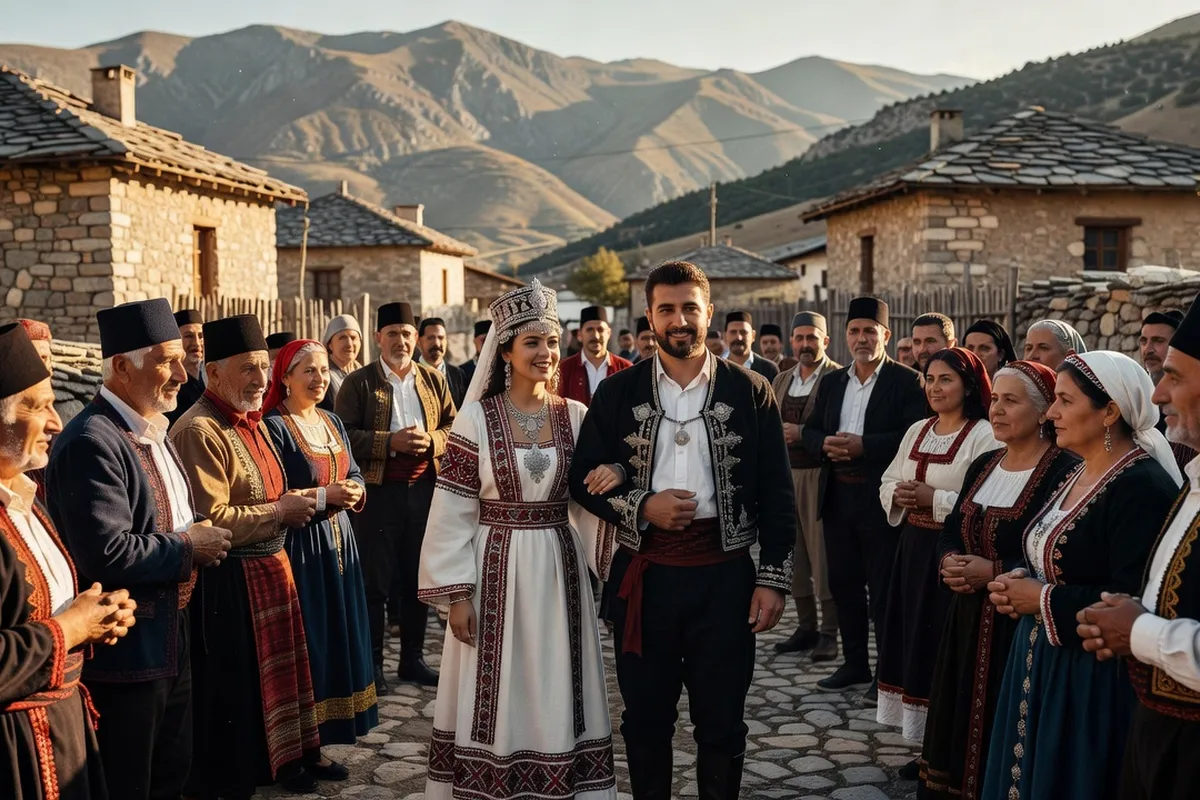 Village de montagne albanais avec maisons en pierre, symbole de la vie rurale traditionnelle