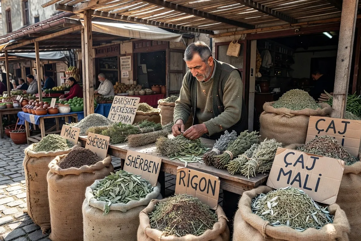 Intérieur d'un atelier d'herboriste traditionnel avec bocaux de plantes séchées étiquetés à la main
