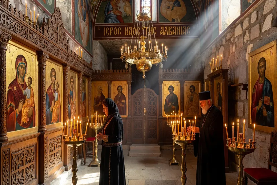 Intérieur d'une église orthodoxe albanaise avec icônes byzantines et bougies