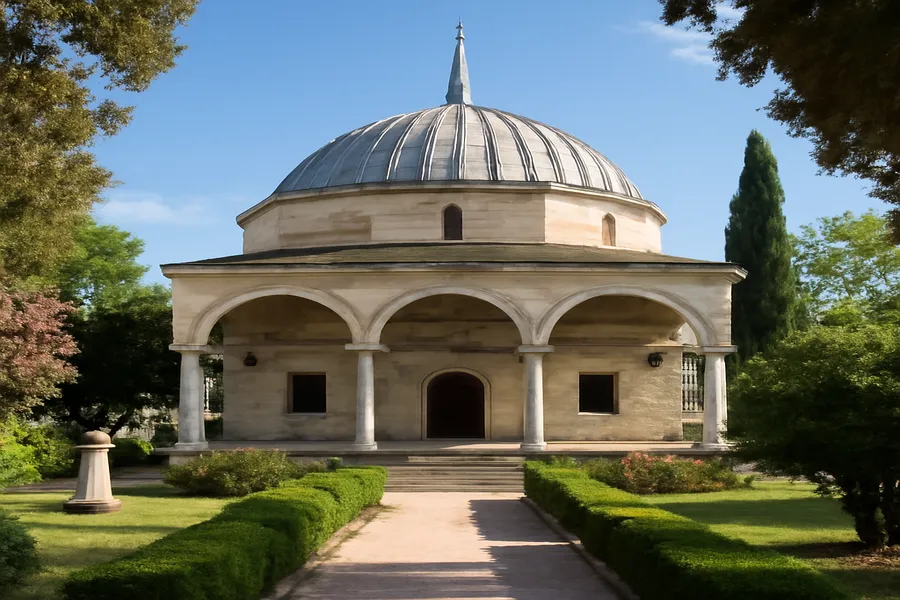 Tekke bektachi en Albanie, architecture à dôme distinctive dans un jardin paisible