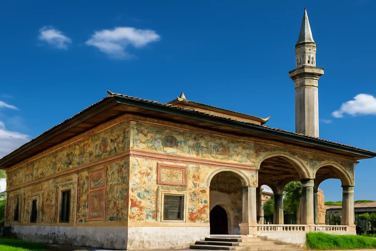 Mosquée et église côte à côte en Albanie, symbolisant la cohabitation religieuse dans un paysage urbain.