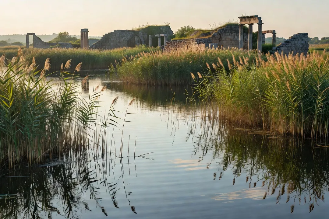 Zone humide et roselières du site archéologique de Butrint en Albanie