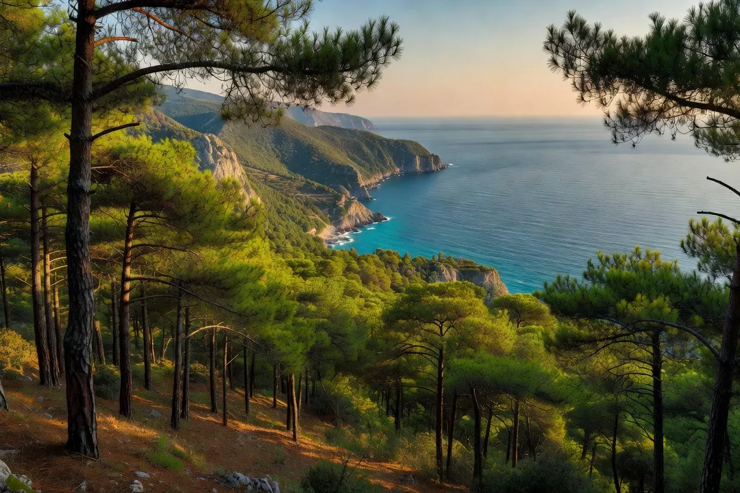 Forêt de pins du parc national de Llogara surplombant la riviera albanaise et la mer Ionienne