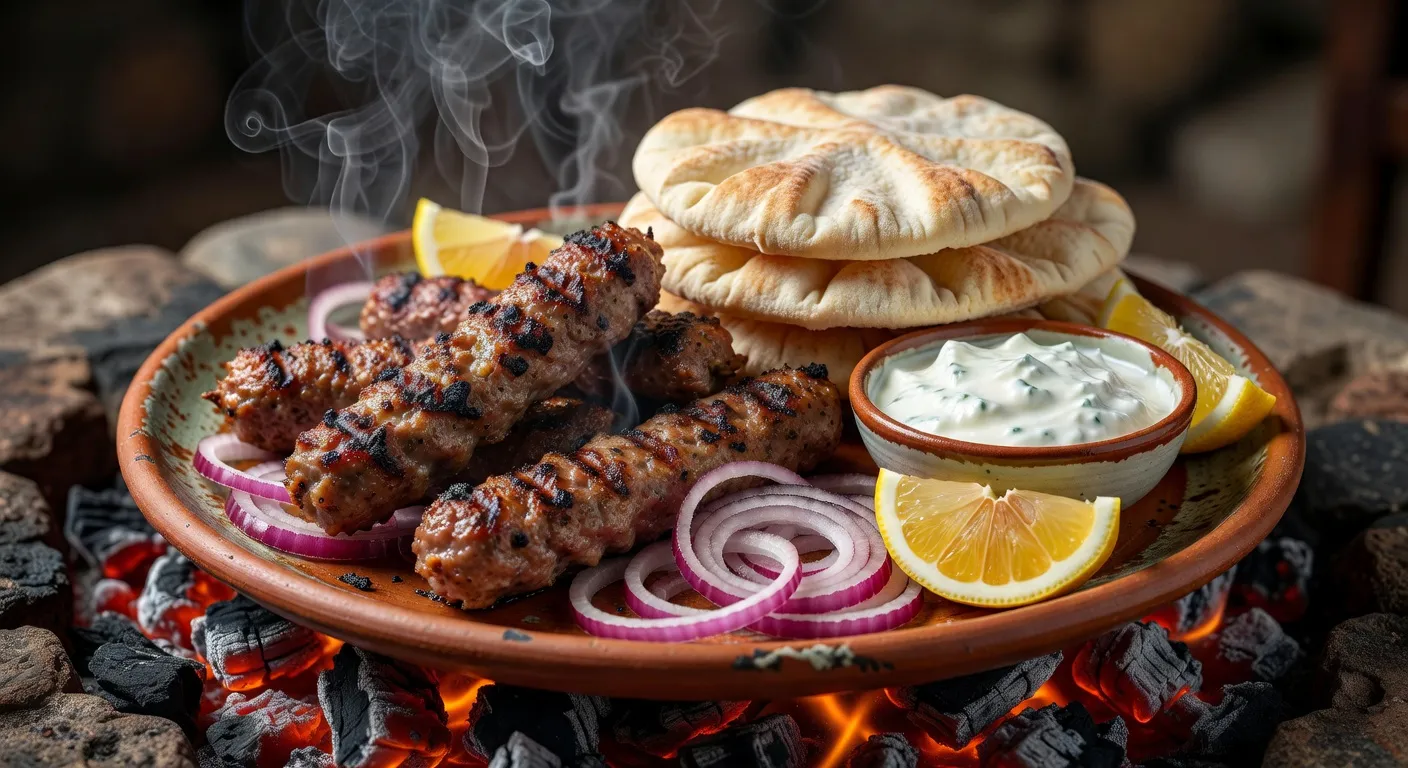 Qebap grillé sur charbon de bois accompagné de légumes