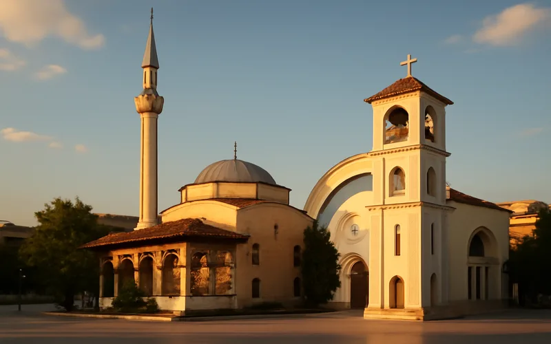 Mosquee et eglise cote a cote a Tirana illustrant la tolerance religieuse
