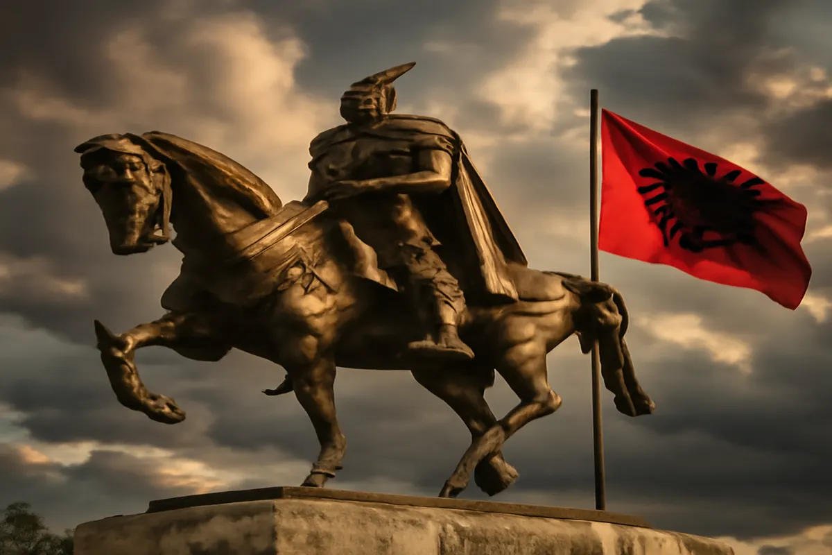 Statue équestre de Skanderbeg au centre de Tirana, Albanie, avec le drapeau albanais rouge et noir en arrière-plan.