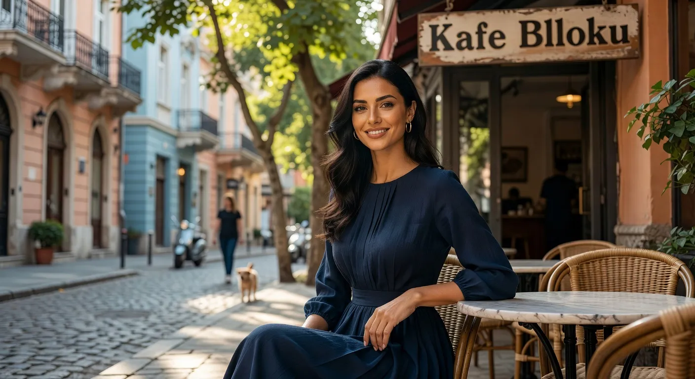 Portrait d'une jeune femme albanaise élégante sur une terrasse de Tirana