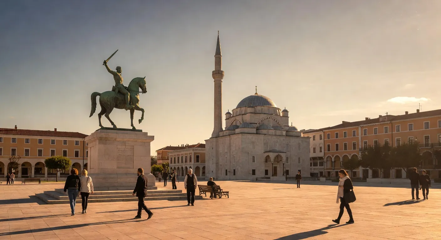 Place Skanderbeg au coucher du soleil avec la mosquée Et'hem Bey
