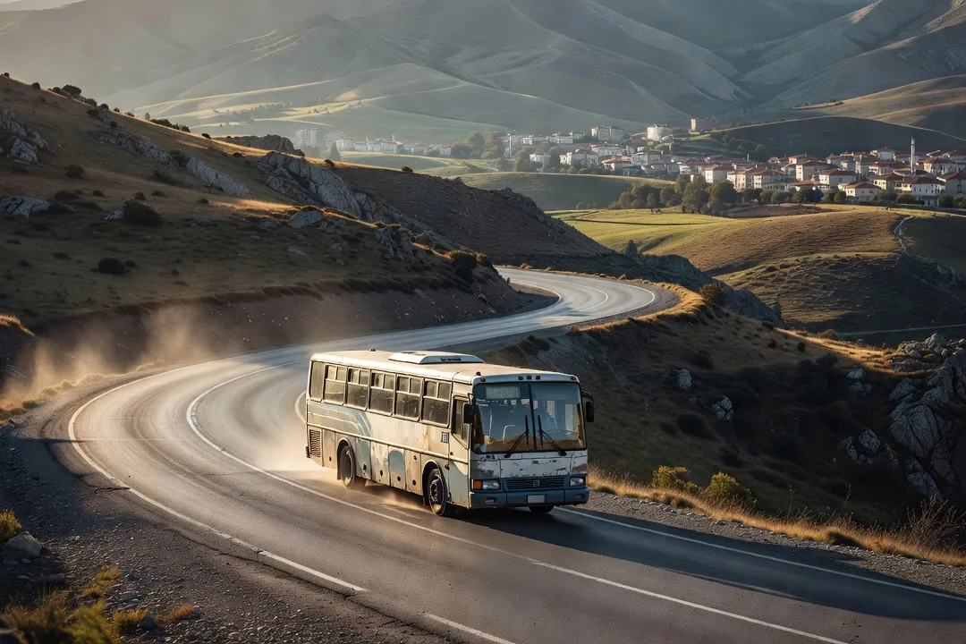 Bus interurbain albanais sur une route de montagne entre deux villes