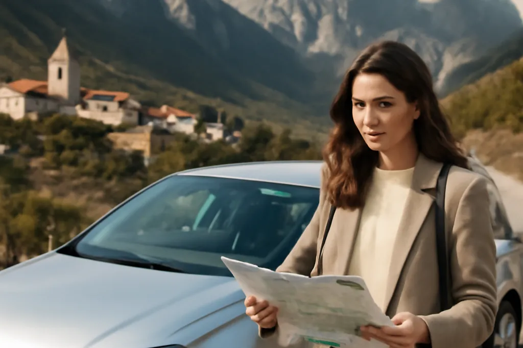 Voyageuse consultant une carte routière près d'une voiture de location dans un village de montagne