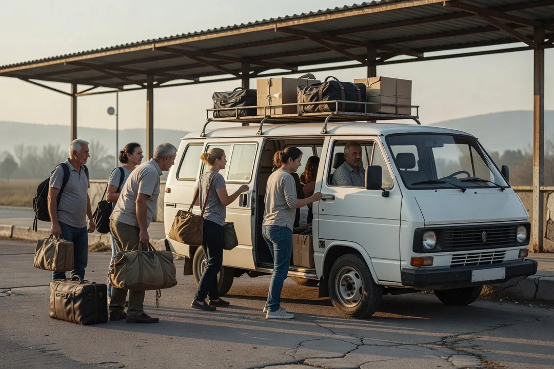 Furgon (minibus privé) albanais garé devant une station routière avec passagers