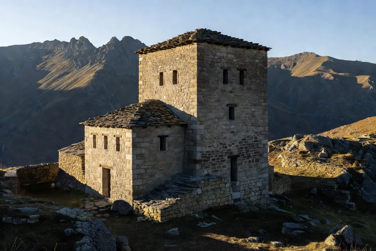 Maison de pierre fortifiée dans les Alpes albanaises du nord, région de la gjakmarrja