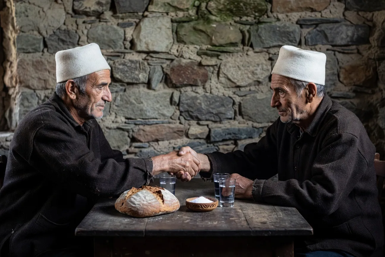 Réconciliation traditionnelle albanaise : partage du pain et du sel selon le rituel du pajtim
